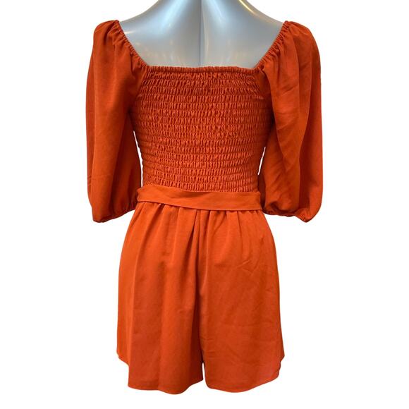 NWT BCBGeneration Short Sleeve Smocked Belted Romper Women's Size Small Orange - Picture 2 of 6